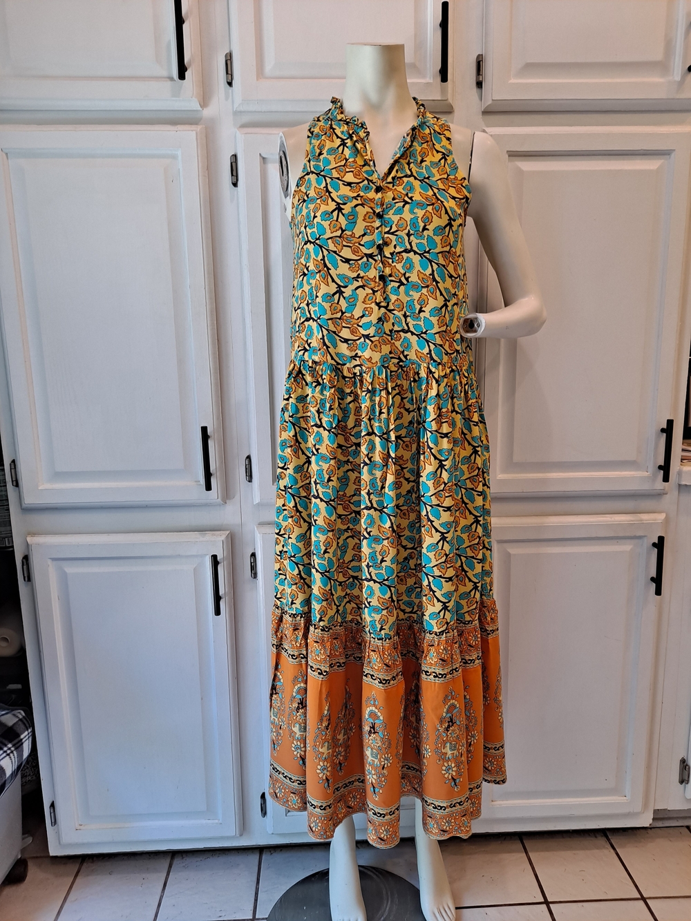 R.Vivimos Sleeveless Floral Tiered Maxi Teal Blue Gold Orange Boho Elephants